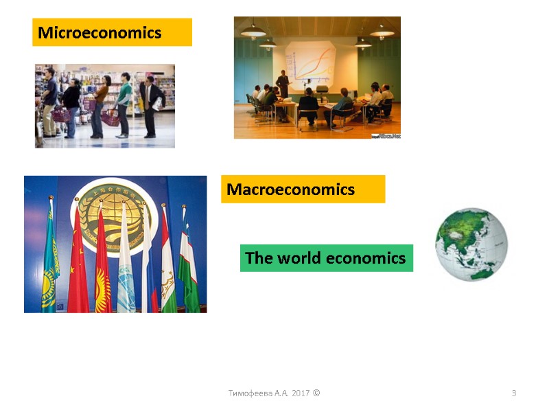 Microeconomics Macroeconomics The world economics Тимофеева А.А. 2017 © 3